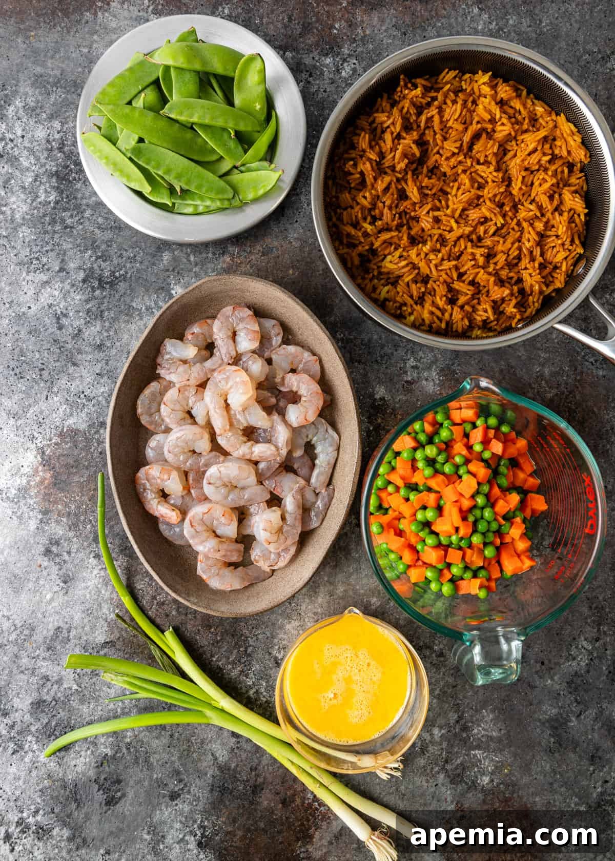 overhead: ingredients needed for shrimp fried rice