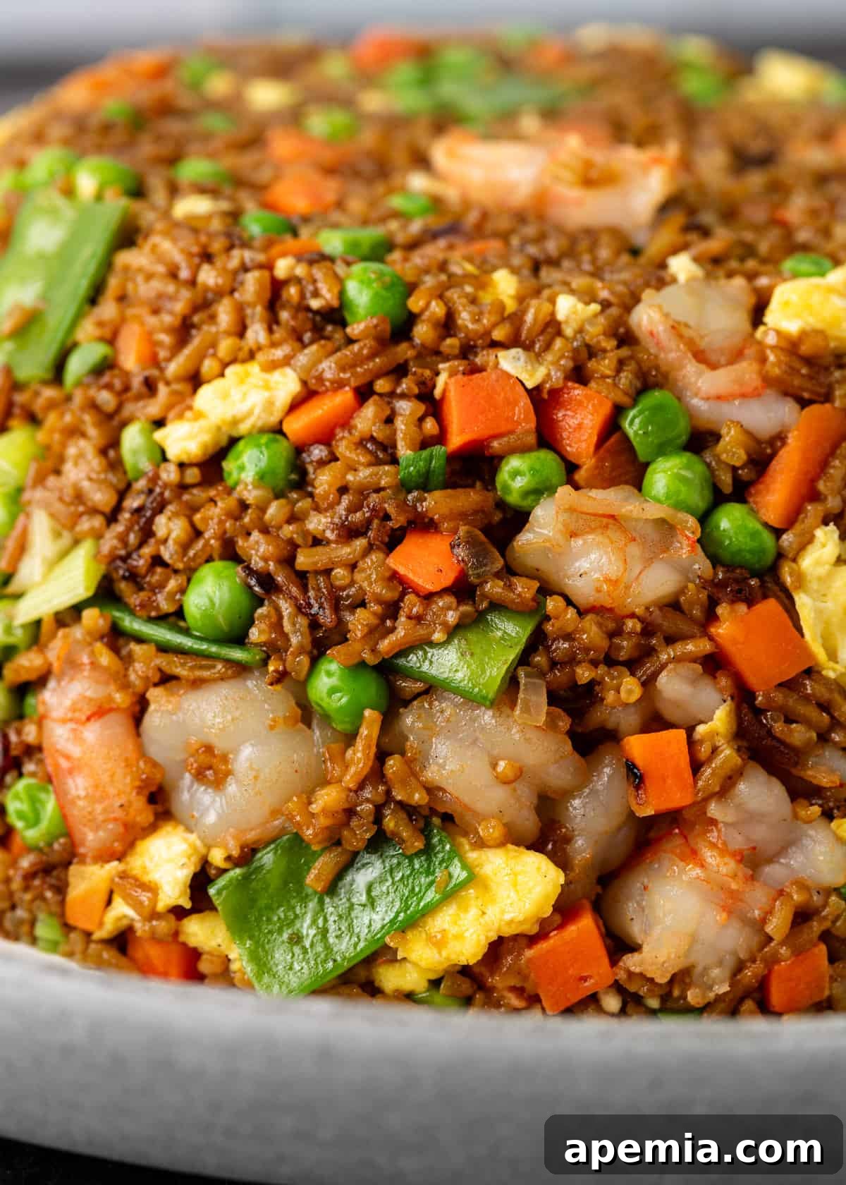 extreme closeup: shrimp fried rice with veggies and shrimp showing