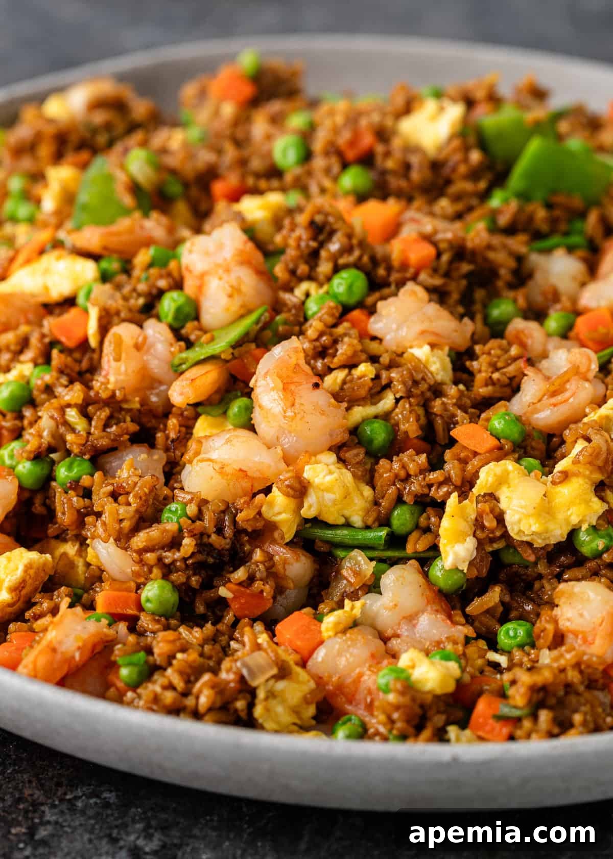 closeup: a plate full of fried rice with shrimp, eggs, and veggies