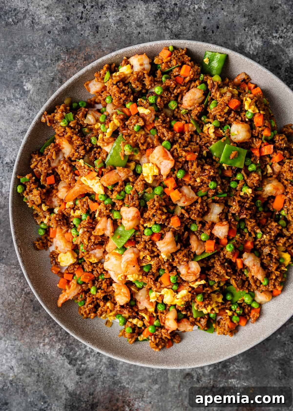 overhead: a plate full of shrimp fried rice