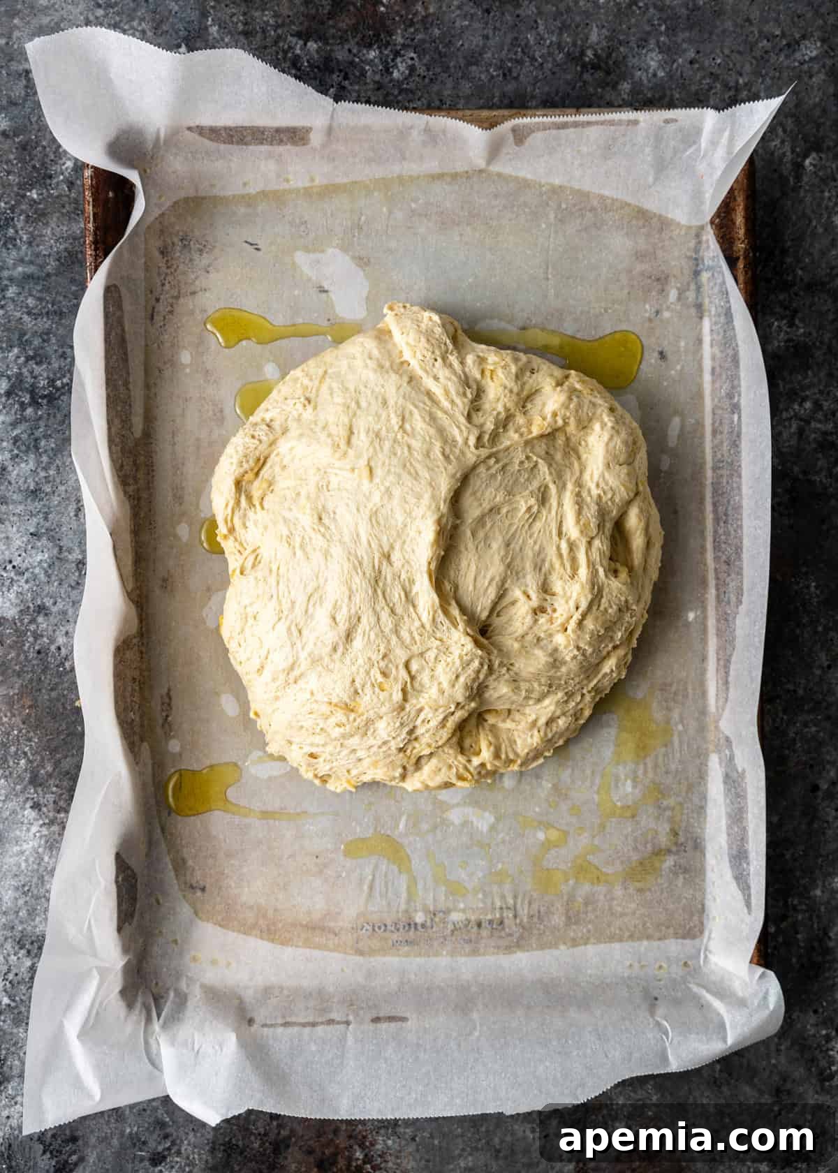 overhead process shot: tip out risen dough added to oiled parchment