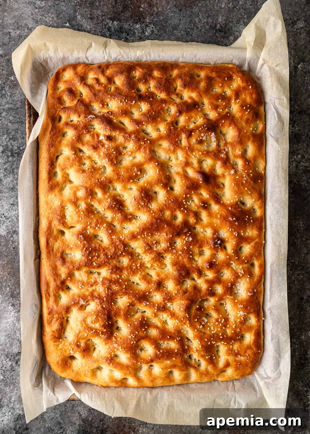 overhead process shot: my focaccia bread recipe baked to perfection