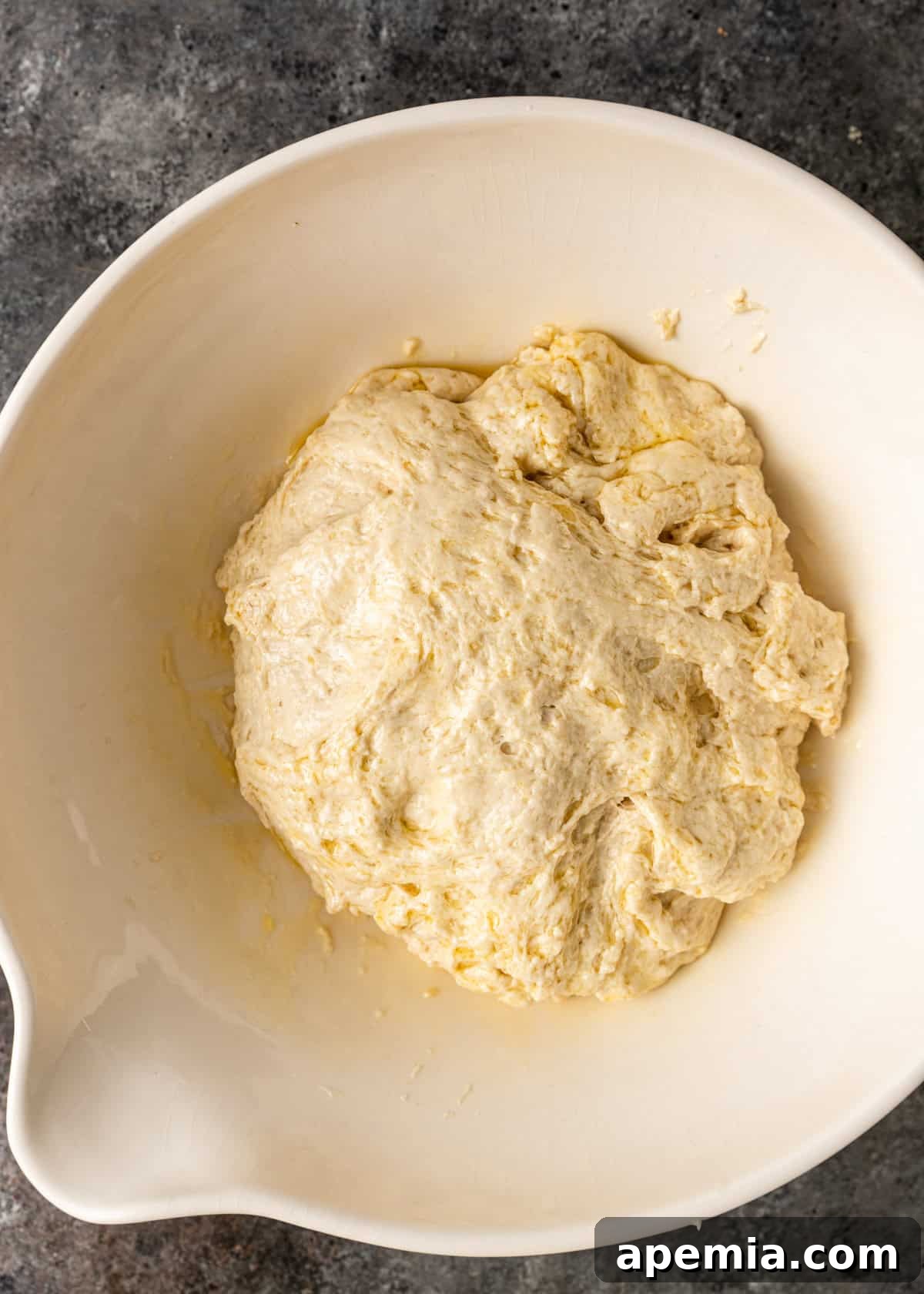 overhead process shot: focaccia bread after 4th pull and stretches