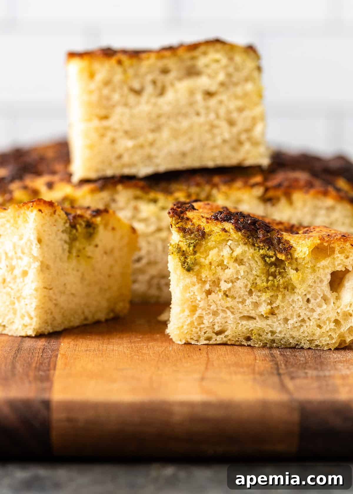 side view: thicker focaccia bread recipe with pesto