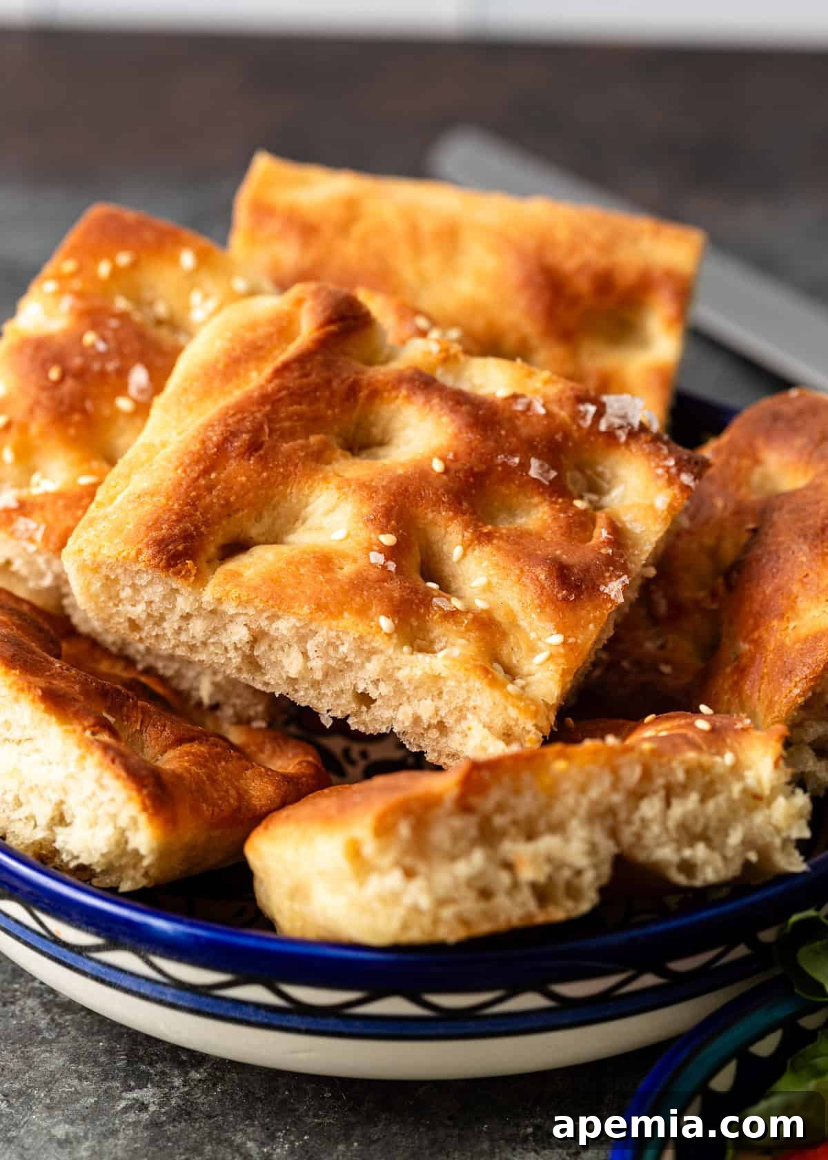 closeup: a basket of my sliced focaccia bread recipe