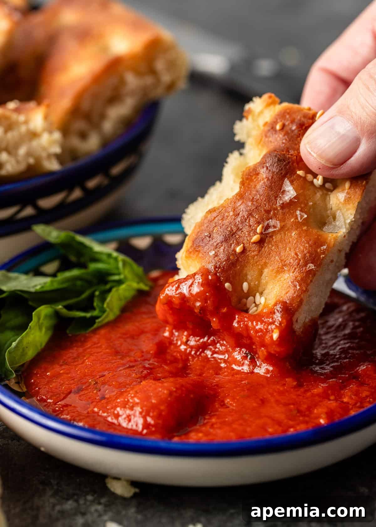 closeup: dipping a piece of focaccia bread into marinara