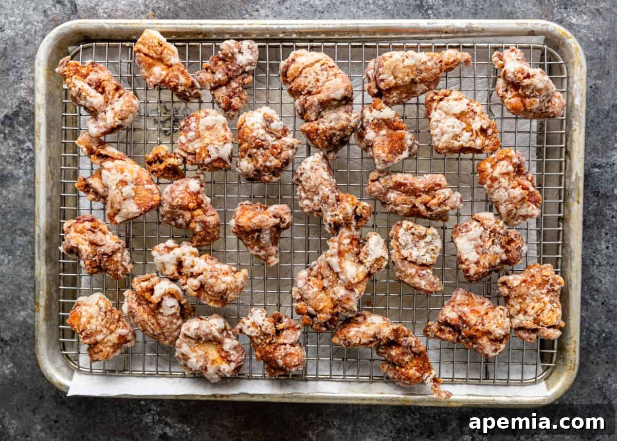 overhead process shot: fried and crispy chicken karaage cooling on a wire rack