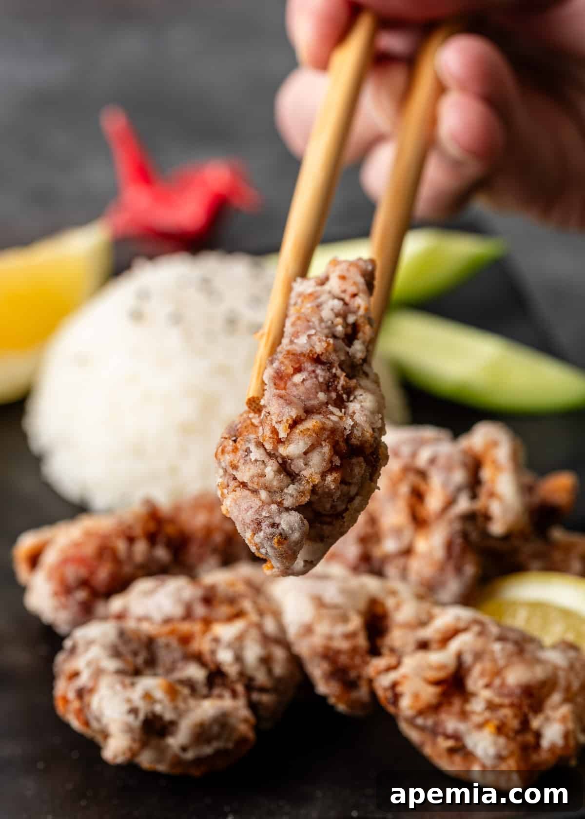 extreme closeup: a hand holding chopsticks picking up a piece of karaage chicken