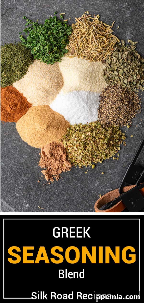A beautifully composed, vertically oriented image titled 'Greek Seasoning Blend', featuring the vibrant spice mix.