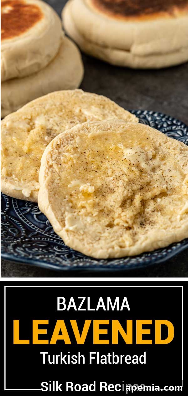 A beautifully presented image titled 'Bazlama Leavened Turkish Flatbread' featuring the delicious bread, perfect for a culinary blog or sharing.
