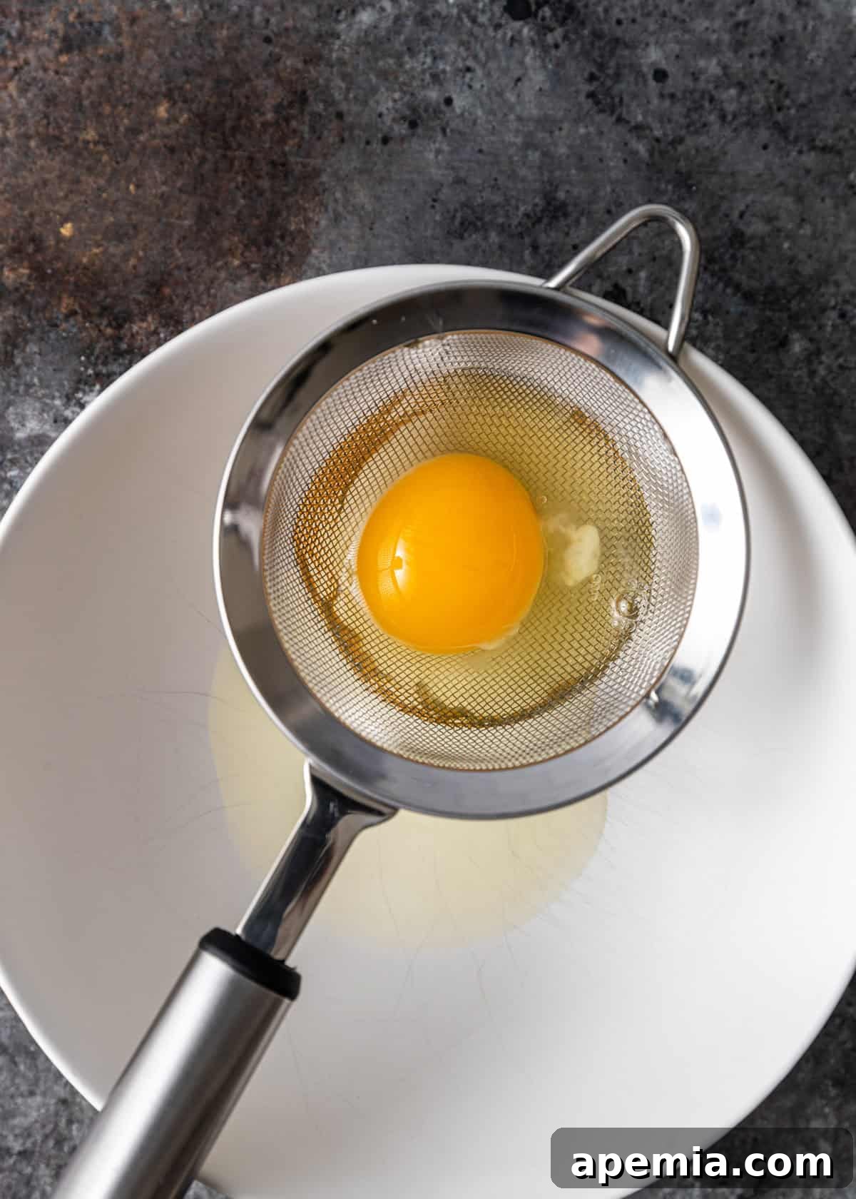 Overhead process shot showing an egg being strained in a fine-mesh sieve over a white bowl, a crucial step for achieving perfectly shaped poached eggs for Çilbir.