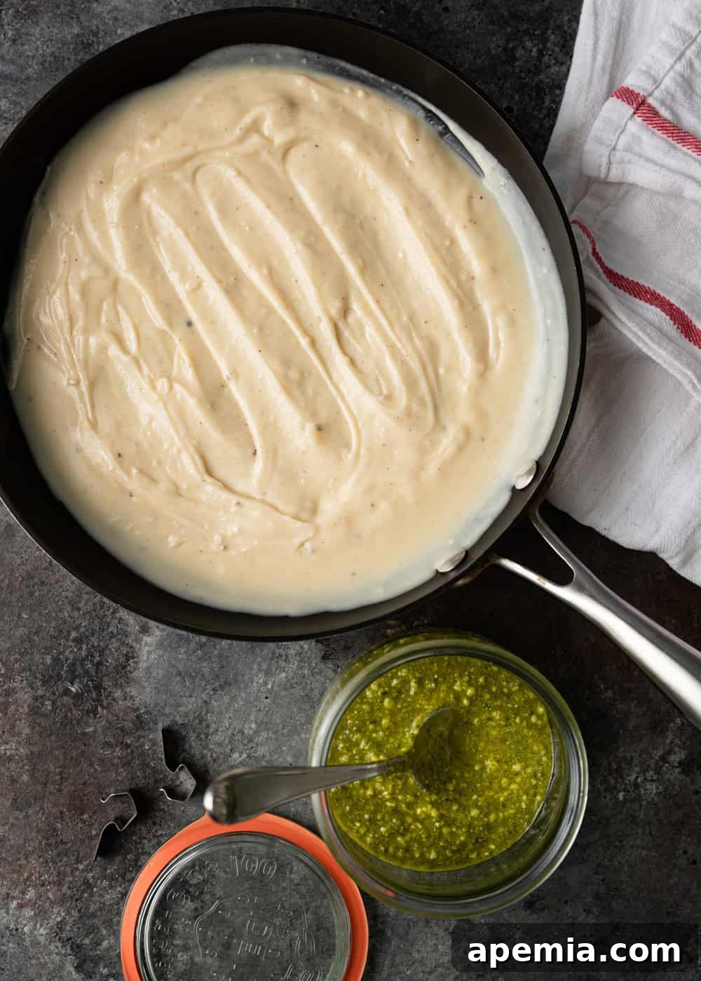 alfredo sauce in skillet