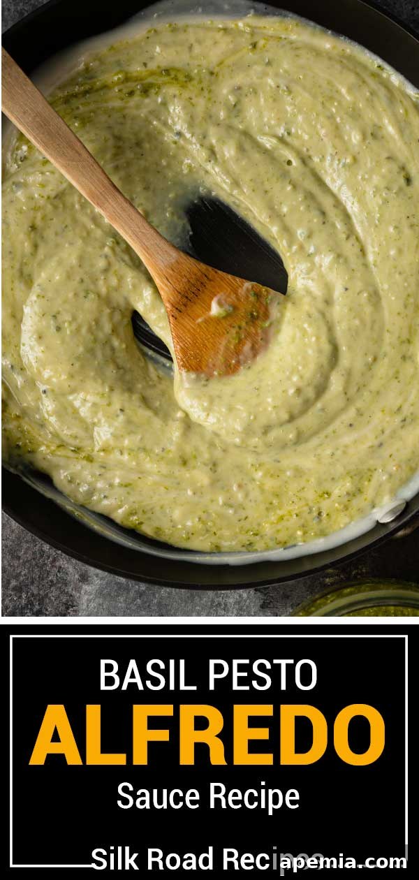 basil pesto alfredo sauce in skillet