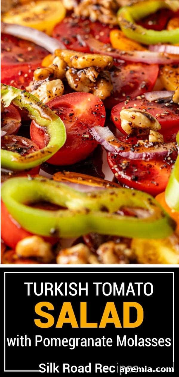 Turkish tomato salad with pomegranate molasses, presented beautifully on a serving dish.