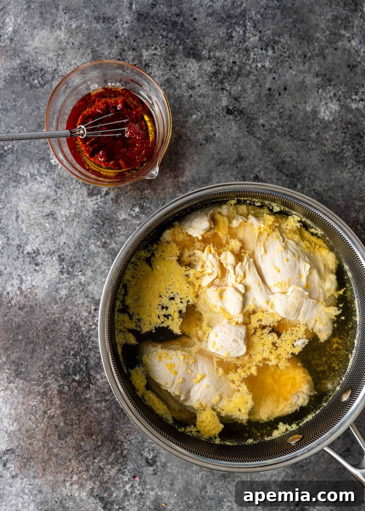 Overhead process shot demonstrating the preparation of the poached chicken and the vibrant red pepper sauce for Çerkez Tavuğu.