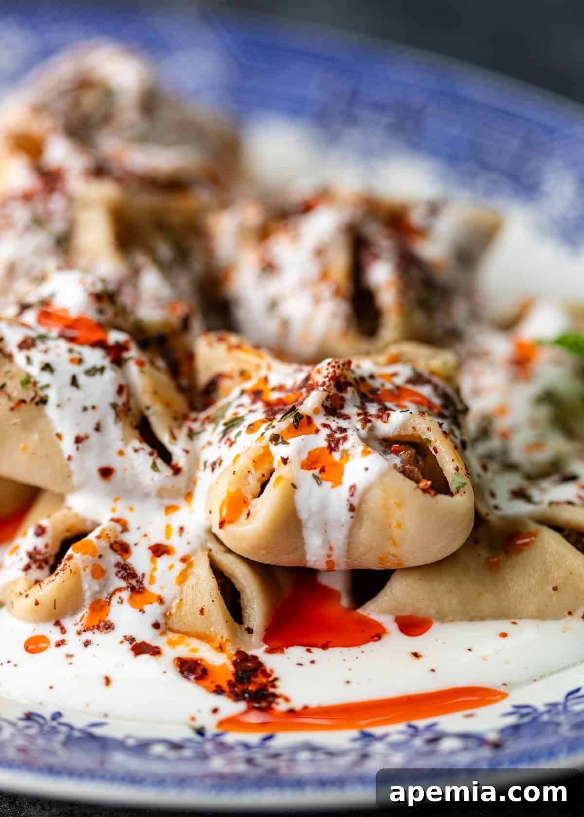 Close-up view of freshly cooked Manti, beautifully plated and smothered in a creamy white sauce, garnished with fresh herbs.