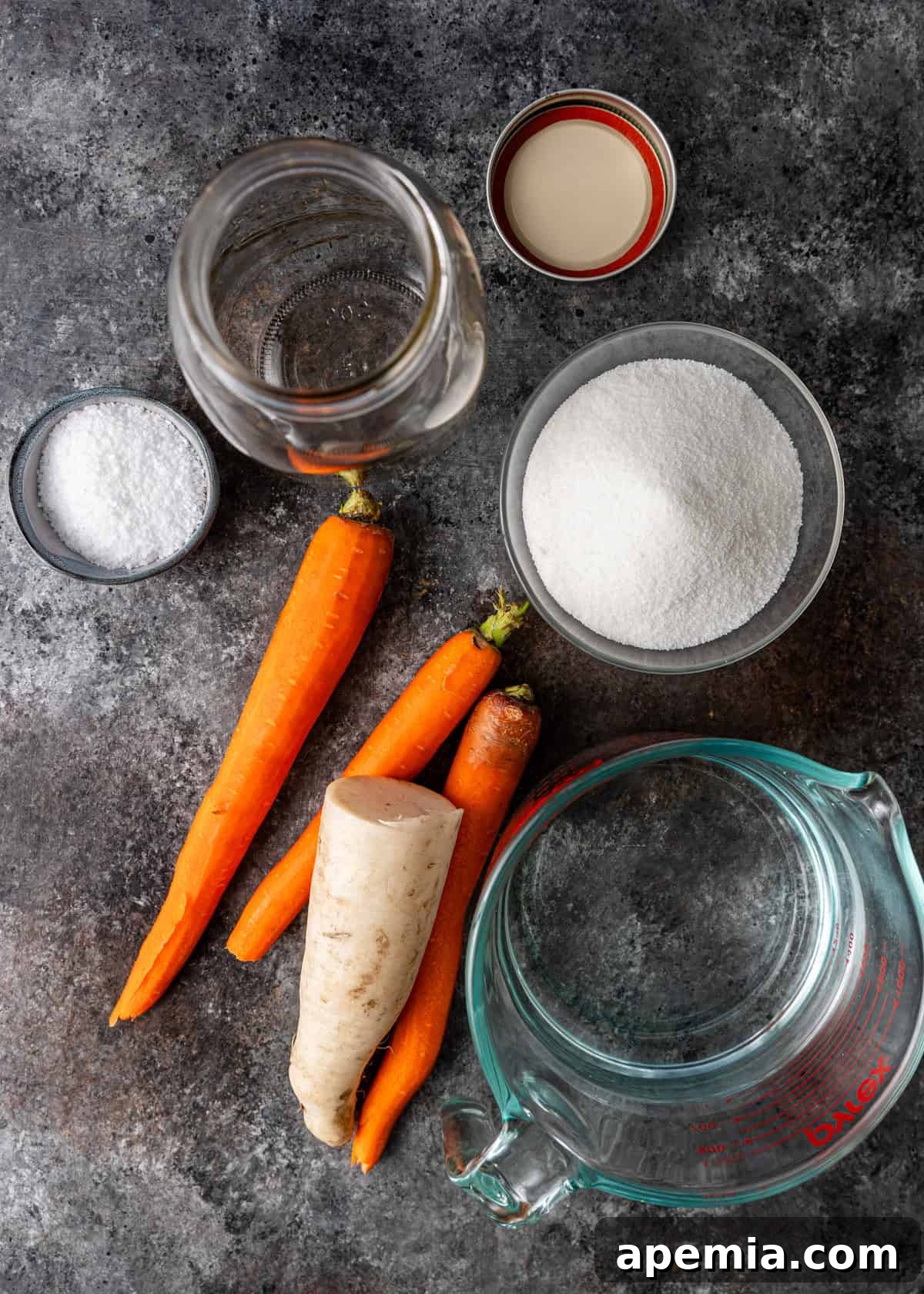 Crisp Vietnamese Pickled Daikon and Carrots 3 overhead: ingredients needed to make pickled carrots and daikon