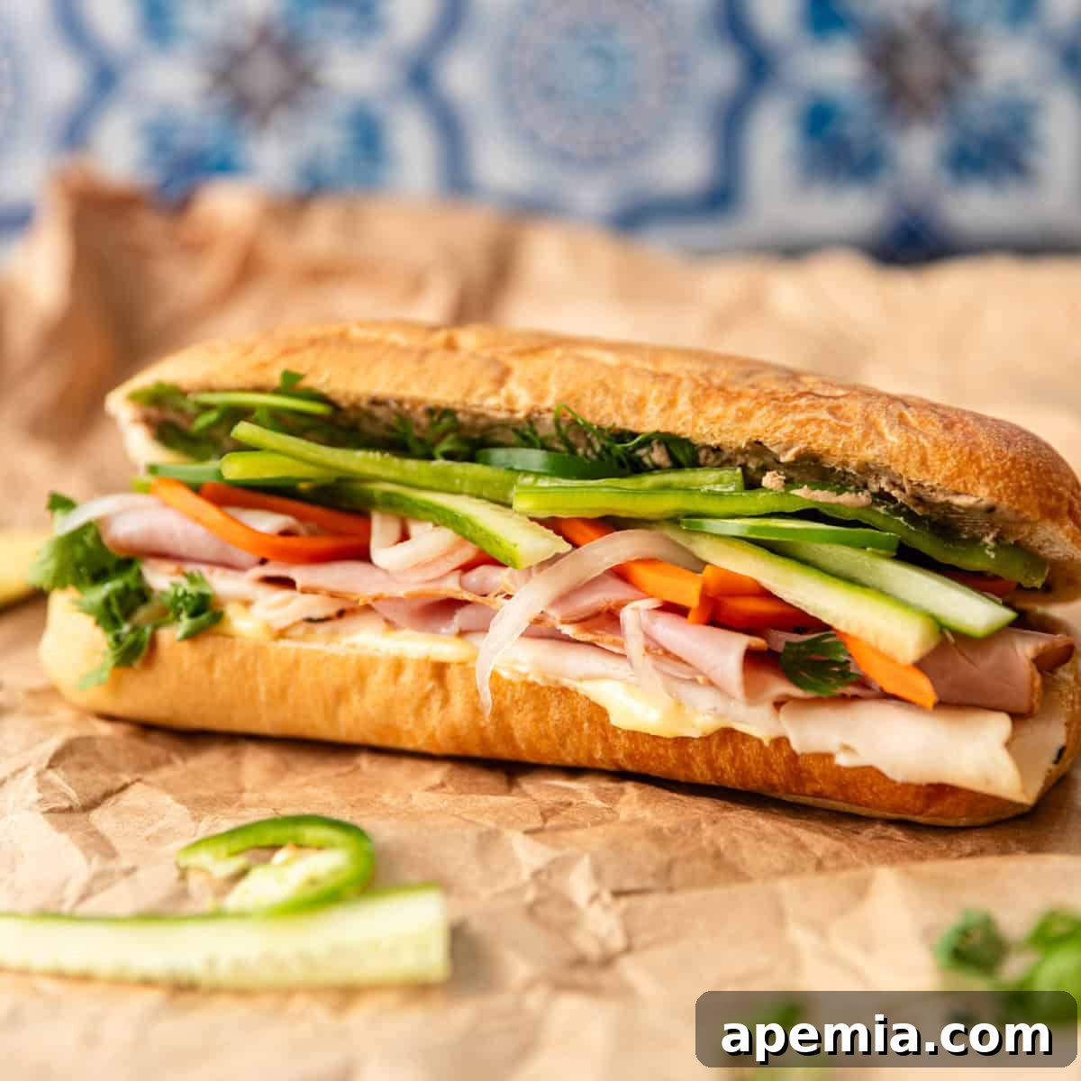side view: banh mi sandwich with fillings showing