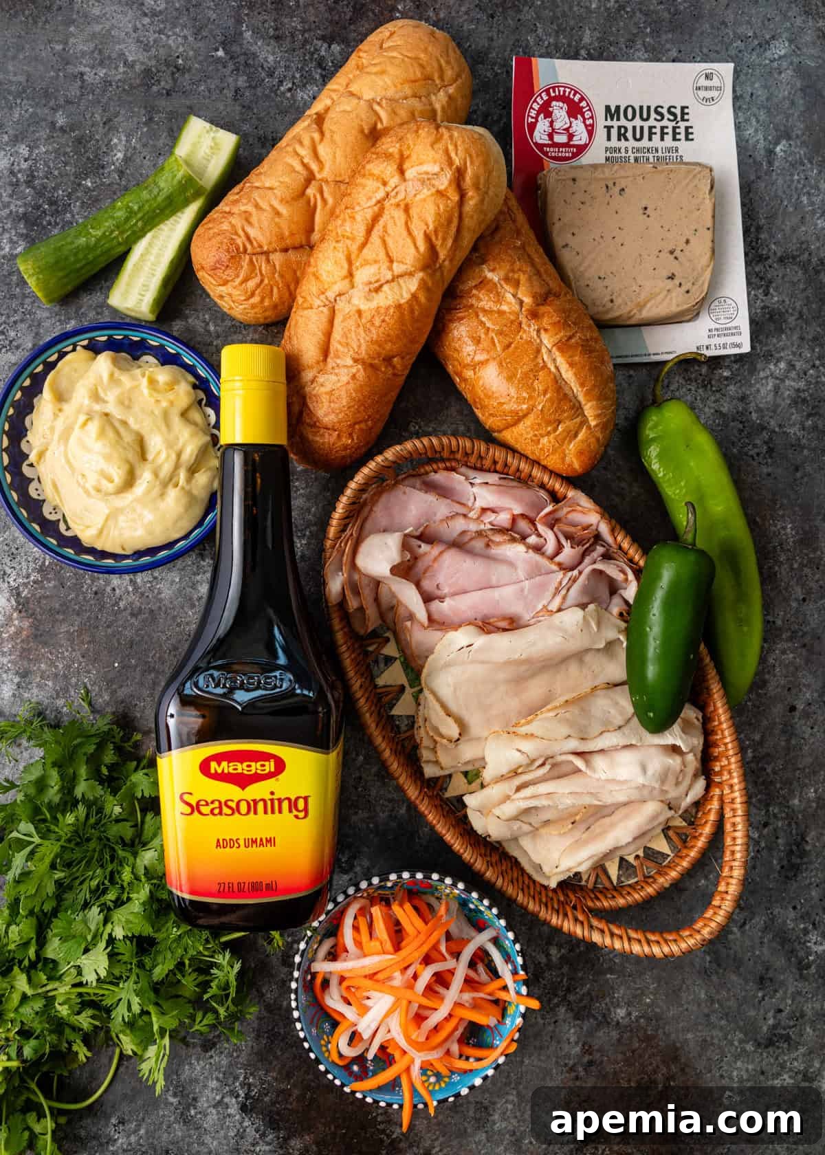 overhead: ingredients needed to make my banh mi sandwich recipe