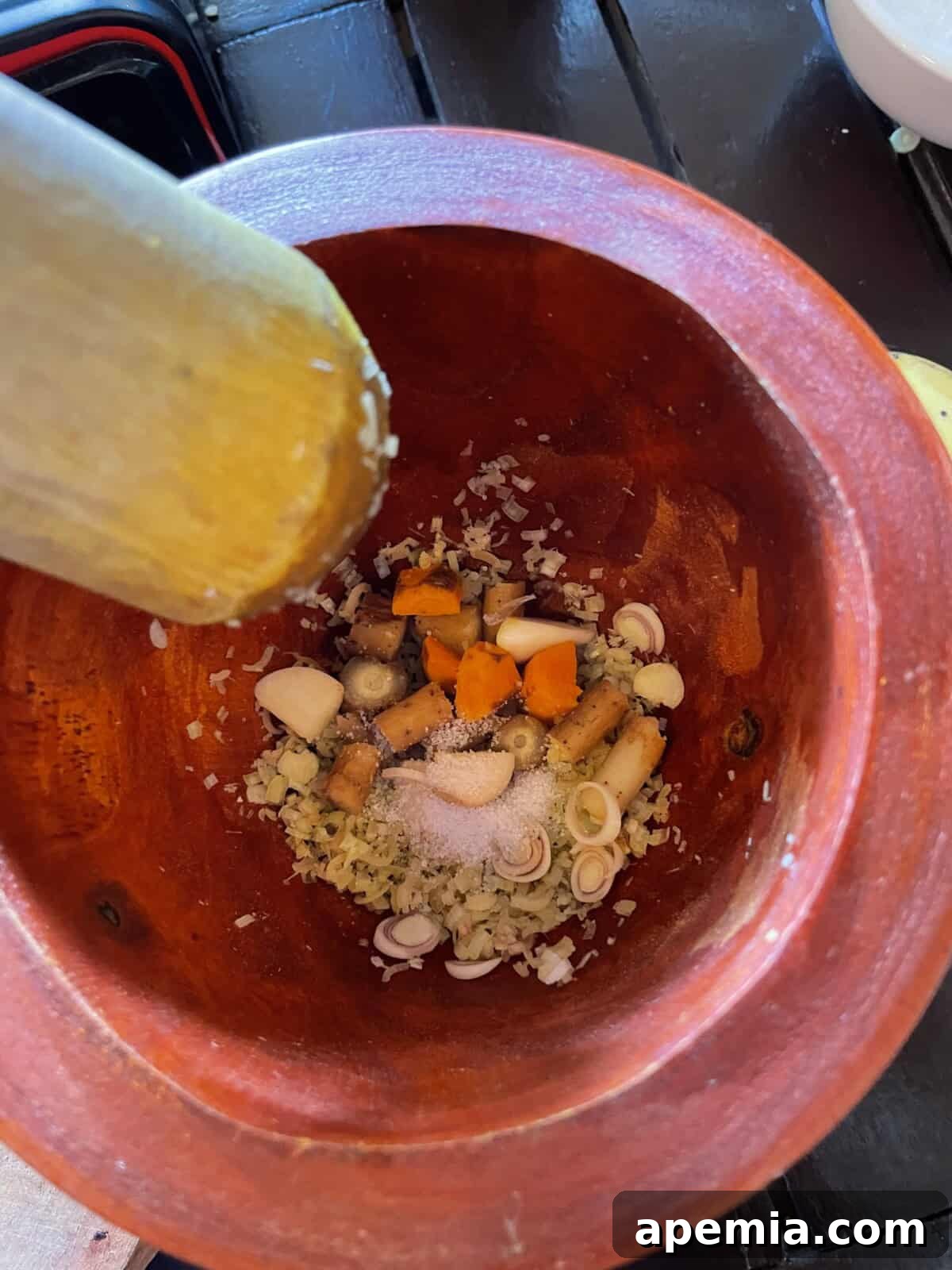 overhead process shot: making the curry paste in my cooking class