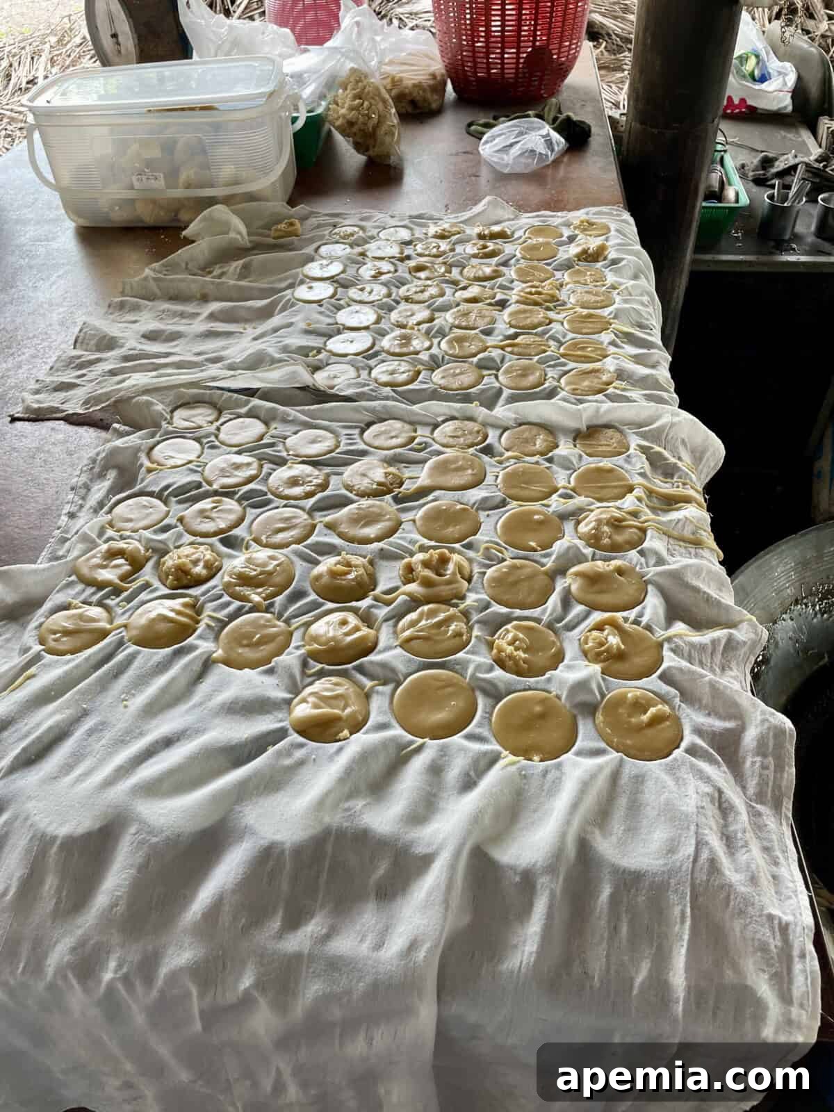 Processed palm sugar molded into individual blocks, ready for use.