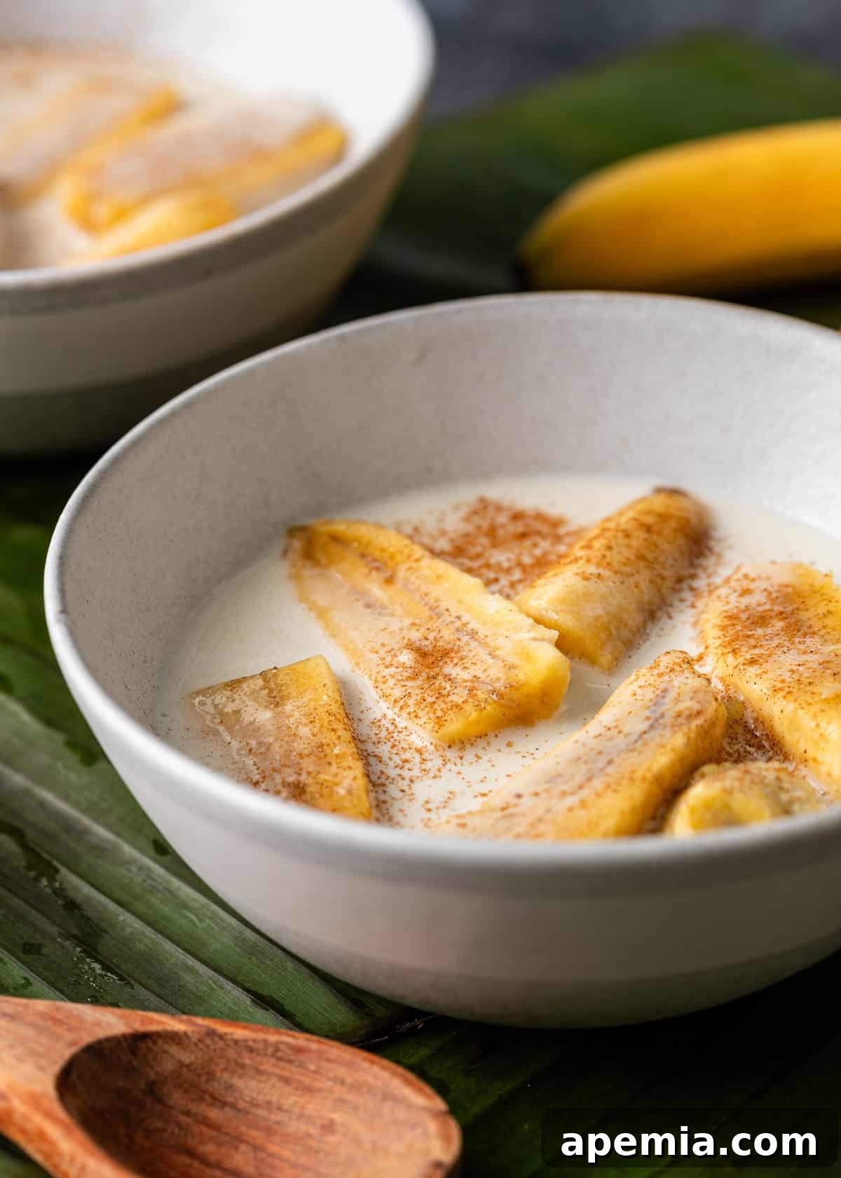 Close-up of a white bowl filled with creamy Chak Ktiss, featuring tender banana slices and rich coconut sauce.