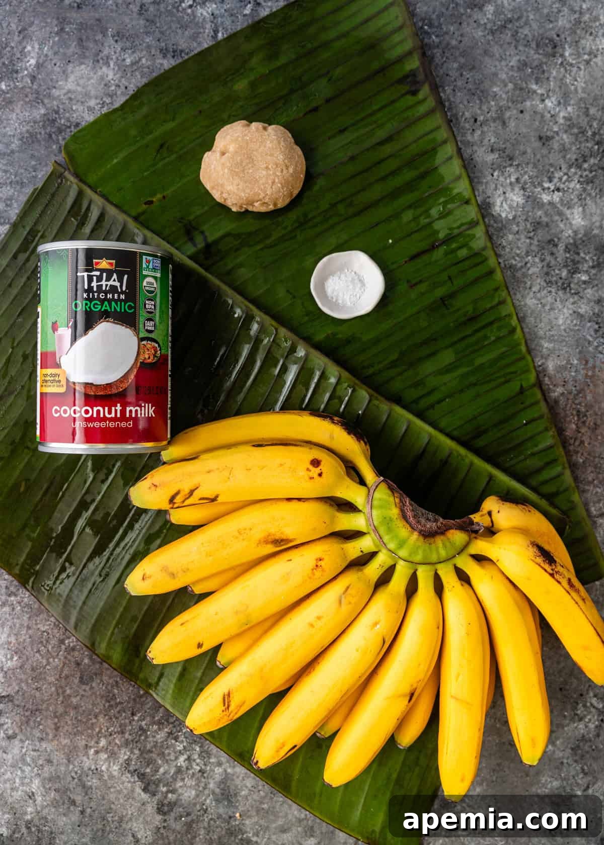 Overhead shot of all ingredients needed to make Cambodian banana in coconut milk: bananas, coconut milk, palm sugar, salt, and cinnamon.