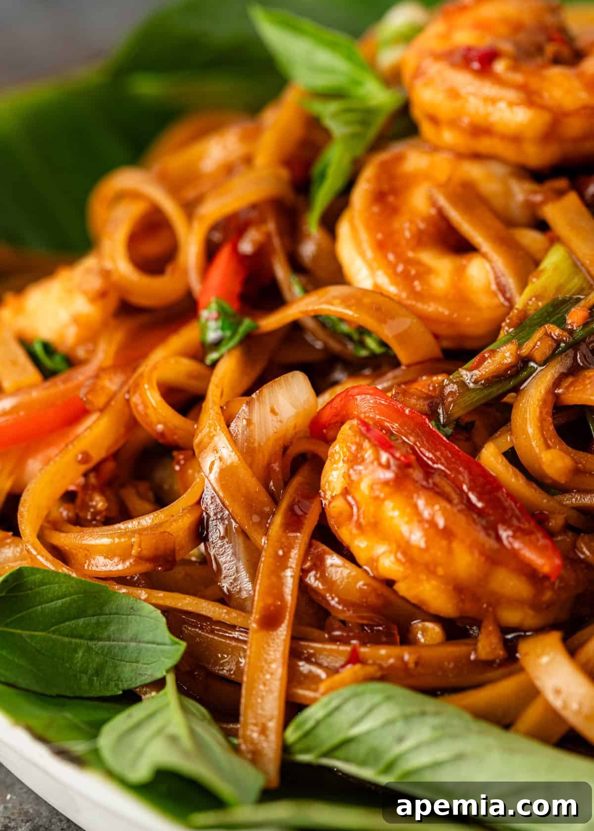 Bold and Spicy Thai Basil Noodles 10 Extreme closeup of Drunken Noodles showcasing the rich sauce, plump shrimp, and fragrant Thai basil, highlighting its mouth-watering texture.