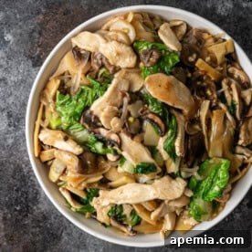 A close-up of a serving of Moo Goo Gai Pan with chicken, mushrooms, and vegetables, beautifully presented and ready to be enjoyed.