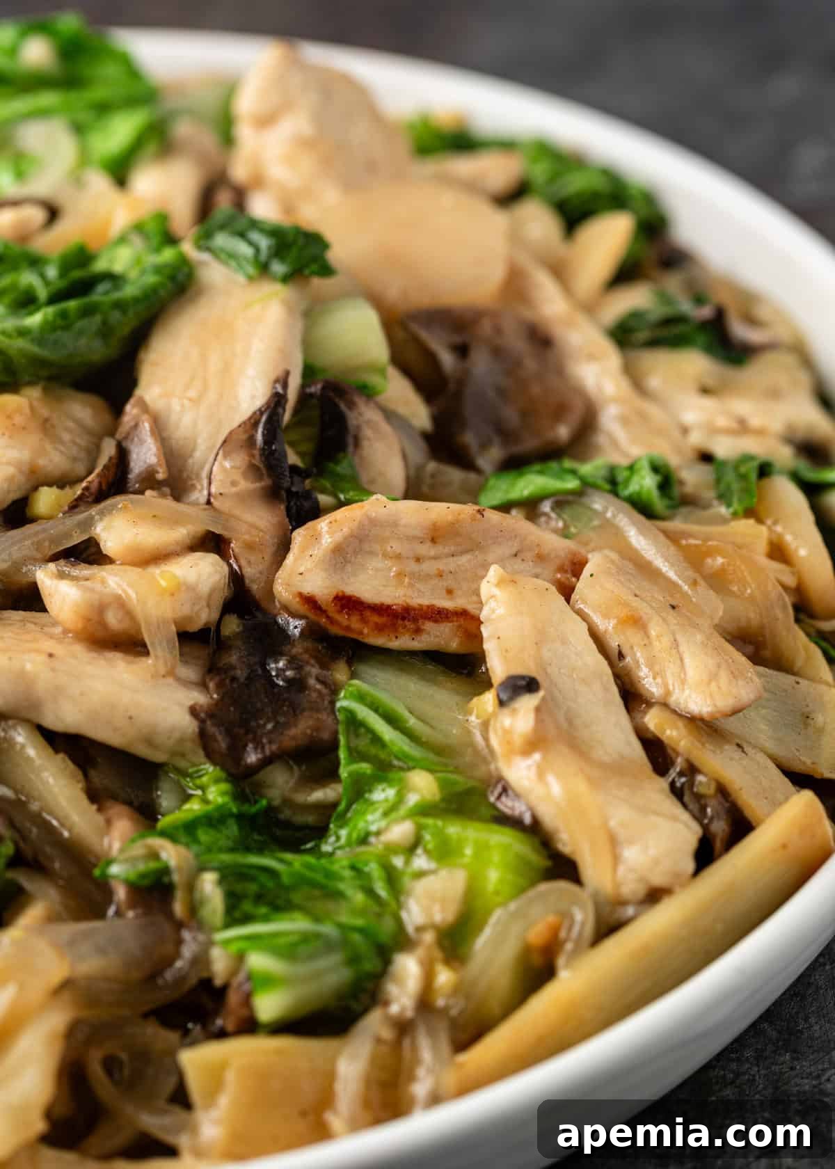 Close-up shot of homemade Moo Goo Gai Pan, highlighting the juicy chicken, earthy cremini and straw mushrooms, and crisp bok choy, glistening with the light savory sauce.