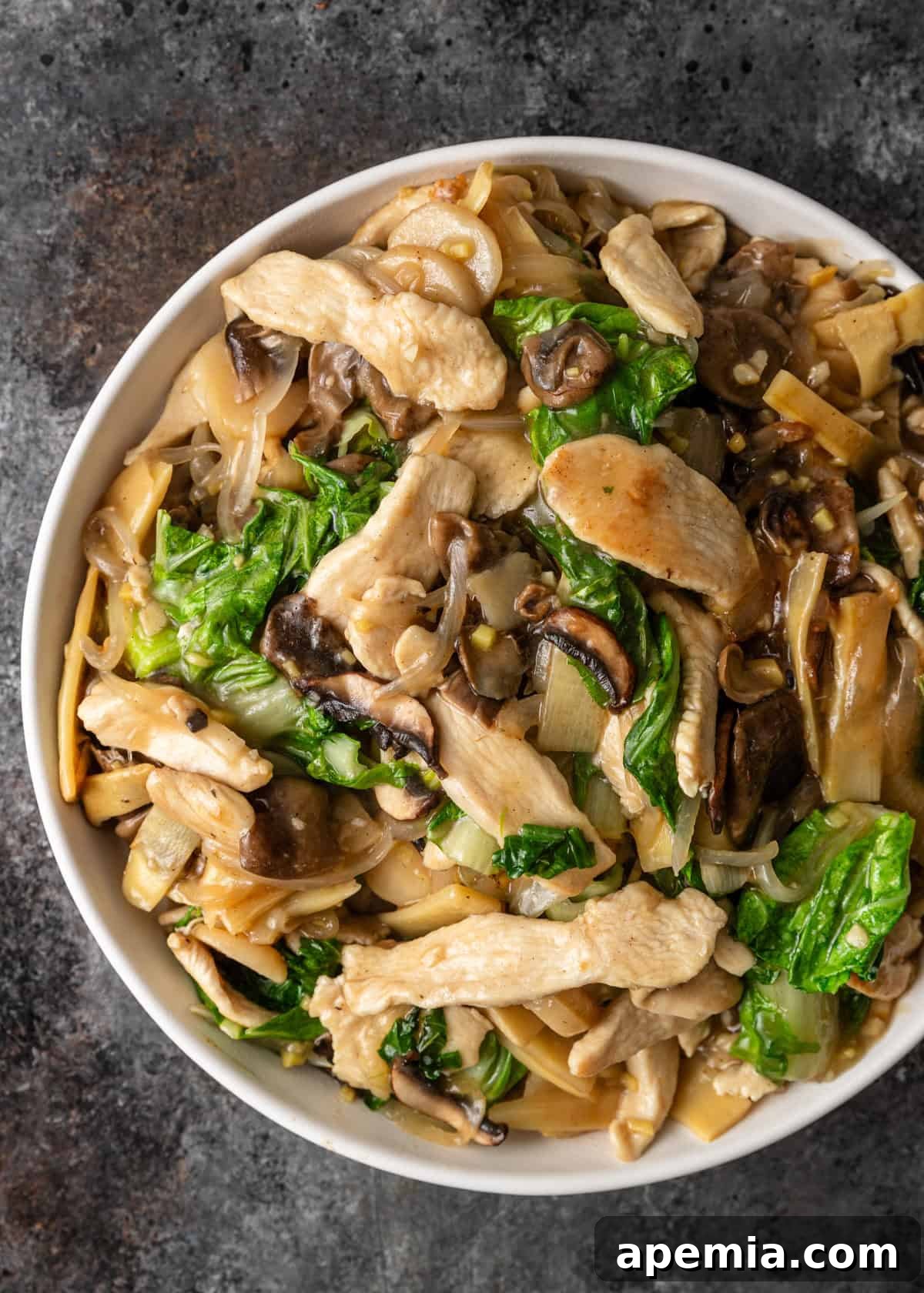 Overhead view of a perfectly plated Moo Goo Gai Pan on a white dish, showcasing the tender chicken and assortment of colorful mushrooms and vegetables.