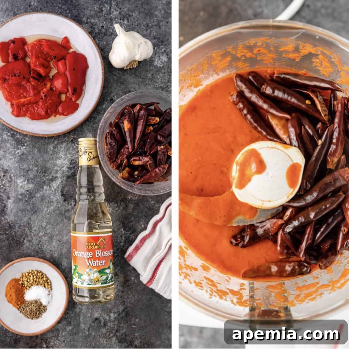 Photo collage showcasing fresh ingredients on the counter and being processed in a food processor to make homemade harissa paste.