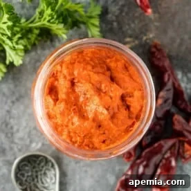 Red hot chili paste in glass jar next to dried chile peppers and cilantro