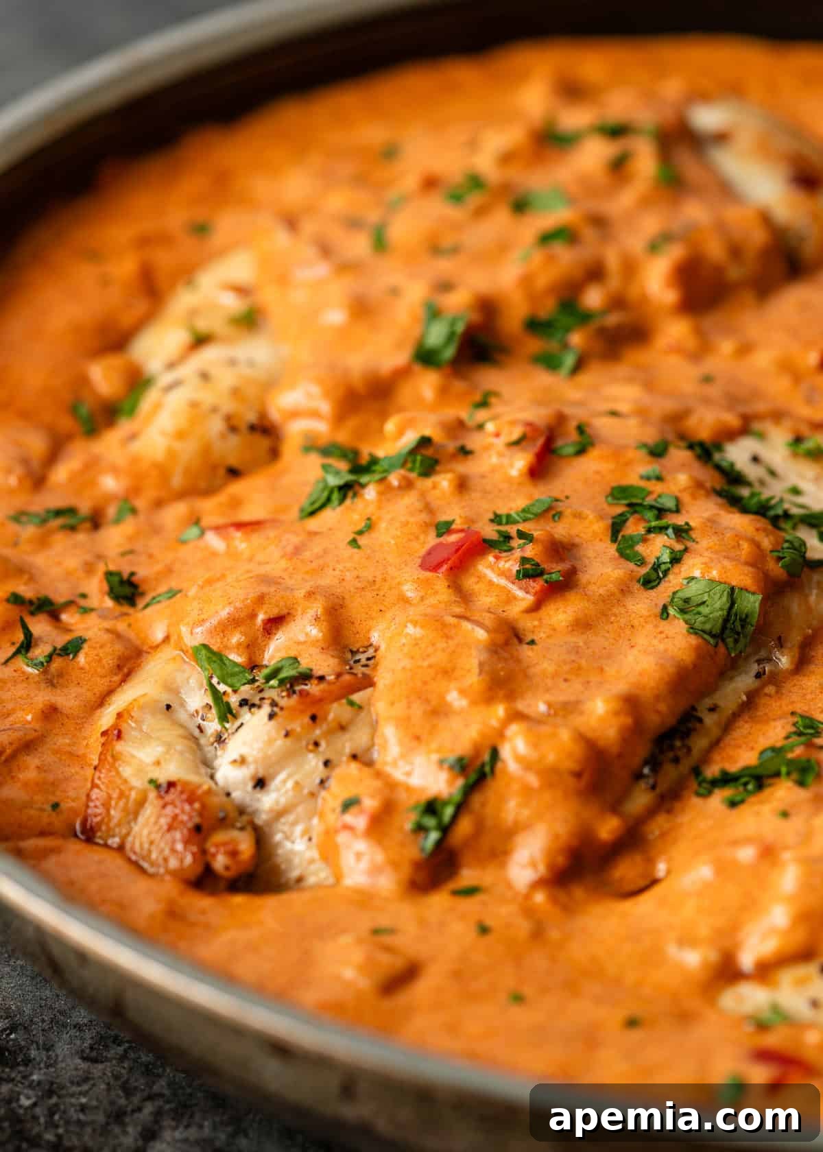 Creamy Hungarian Chicken Delight 3 closeup: my chicken paprikash recipe in a skilet with sauce and herbs on top