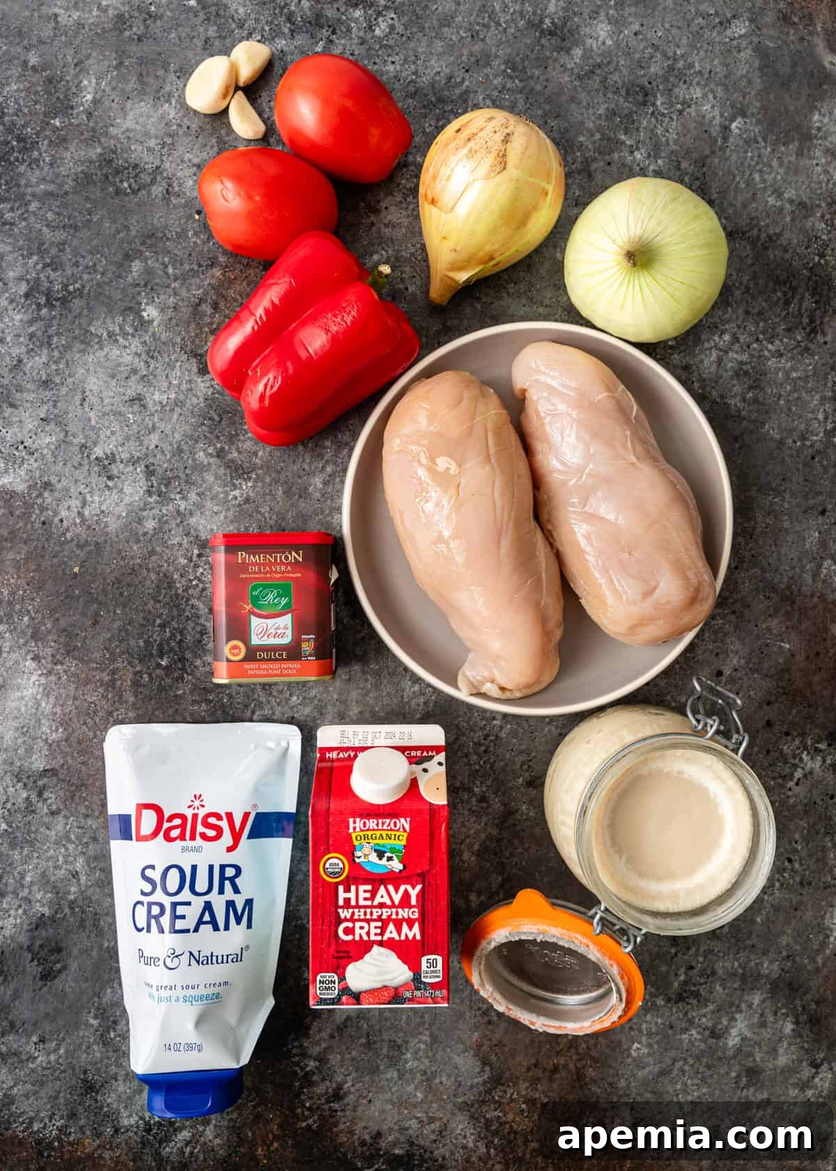 Creamy Hungarian Chicken Delight 4 overhead: ingredients needed for my chicken paprikash recipe