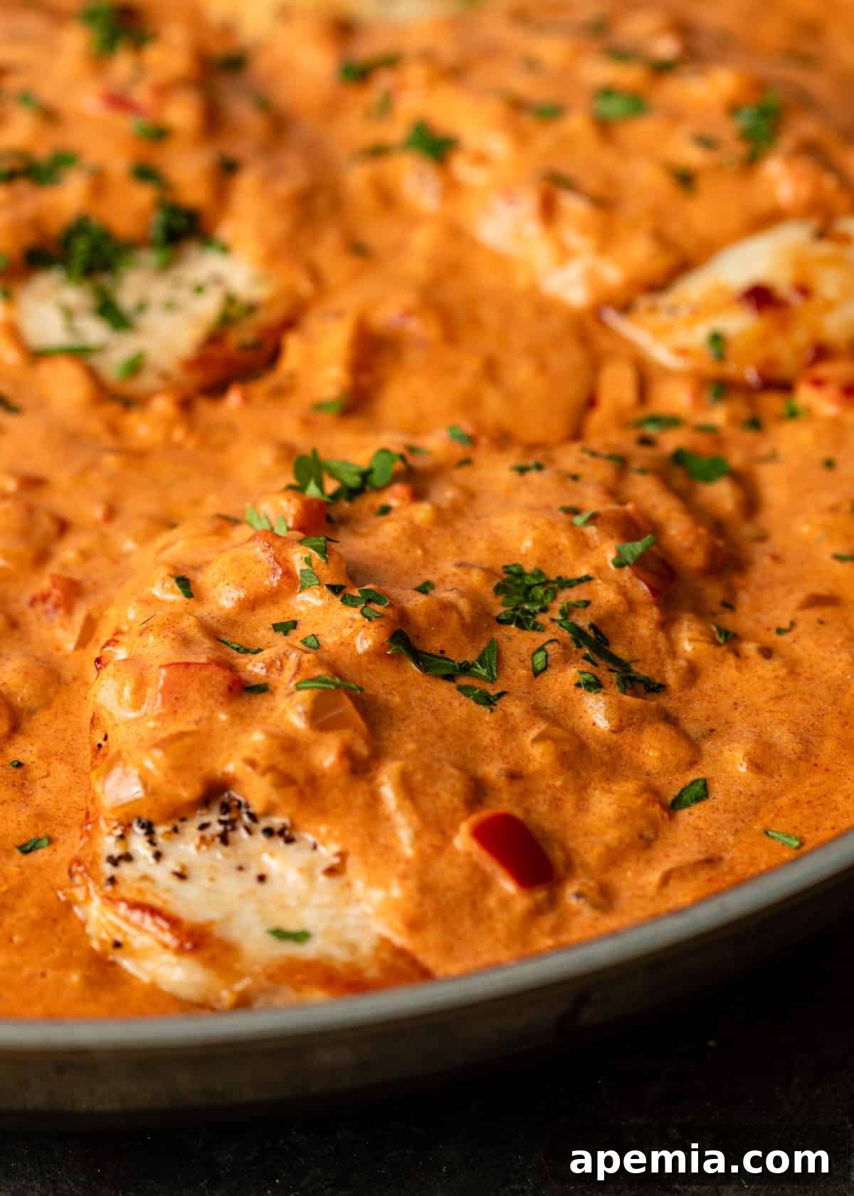 Creamy Hungarian Chicken Delight 9 closeup: creamy chicken paprikash in a skillet