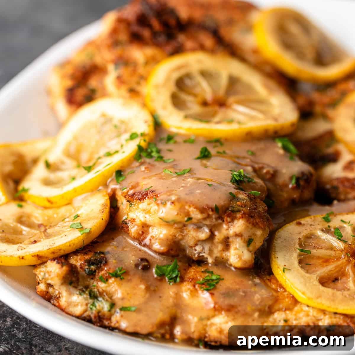 closeup: chicken francese with sauce and lemon slices on top