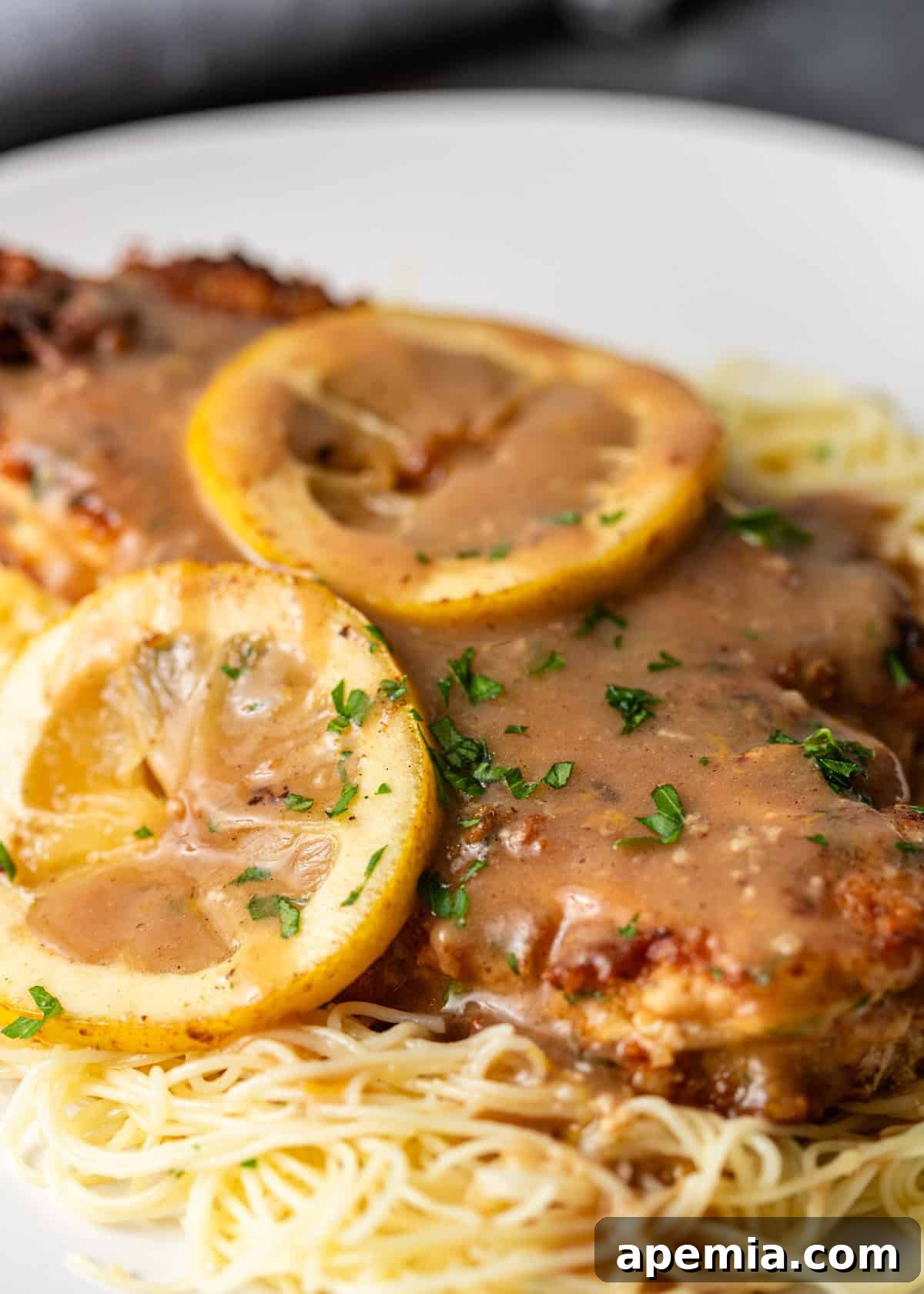 extreme closeup: my chicken francese with sauce, fresh herbs, and lemon slices on top