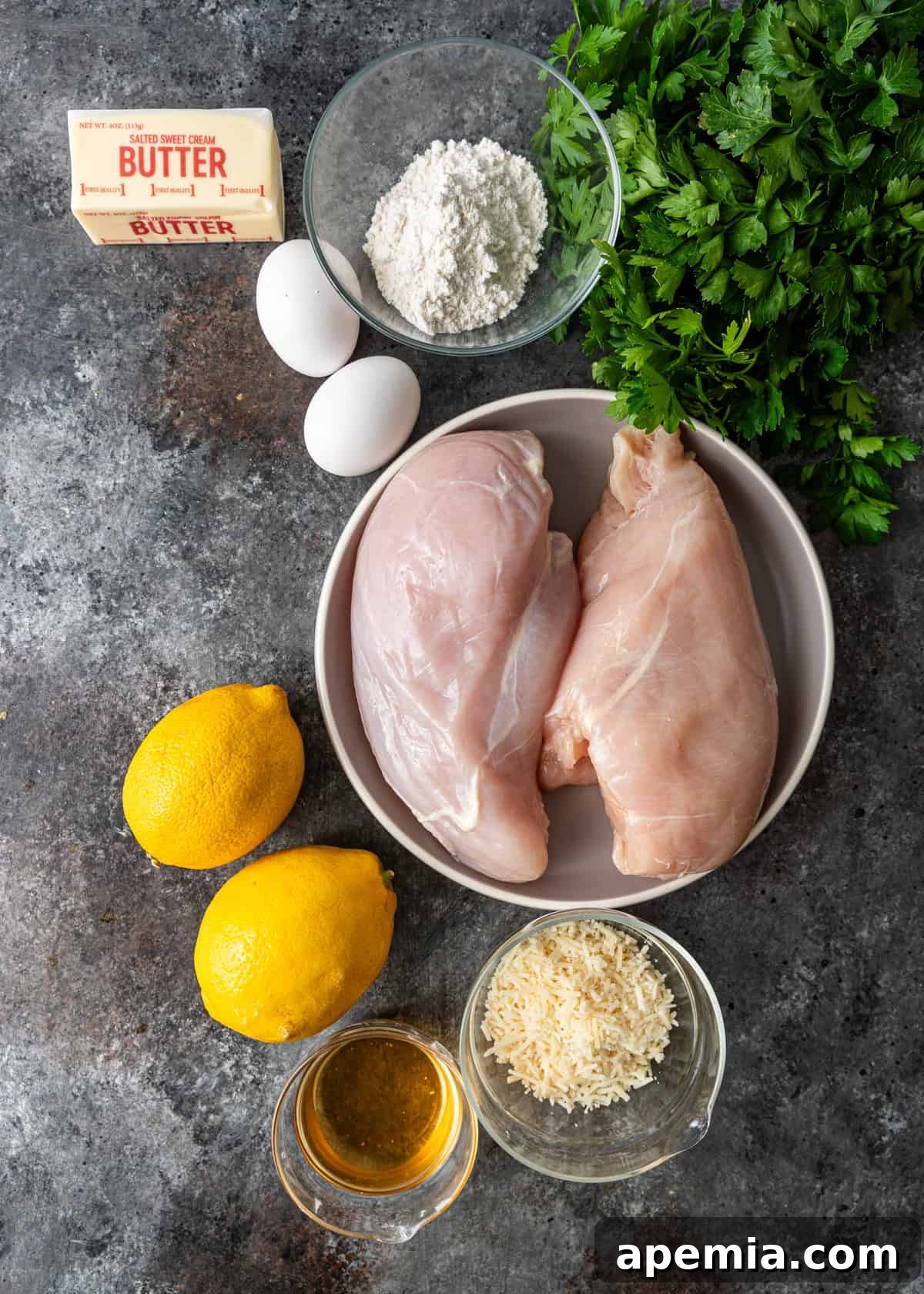 overhead: ingredients needed for chicken francaise