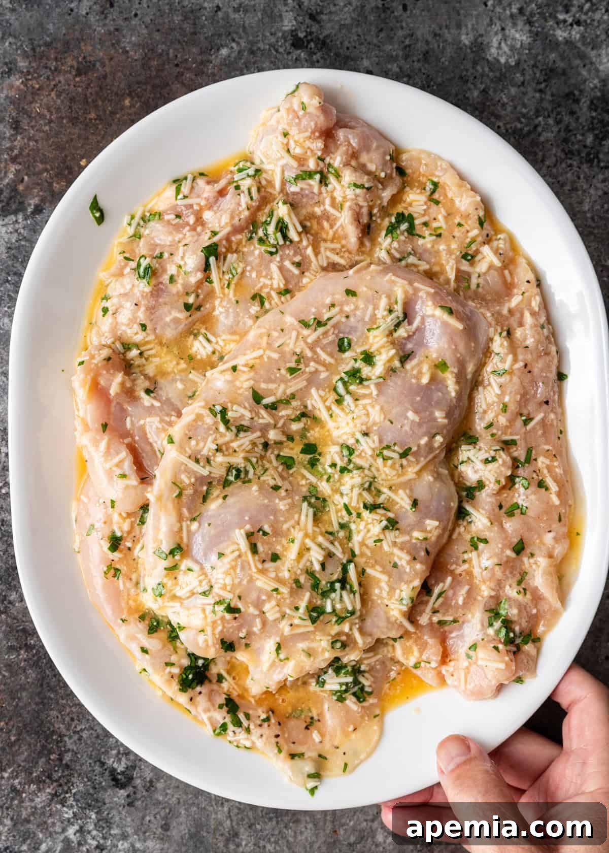overhead: raw chicken after being dredged in egg, cheese, and flour