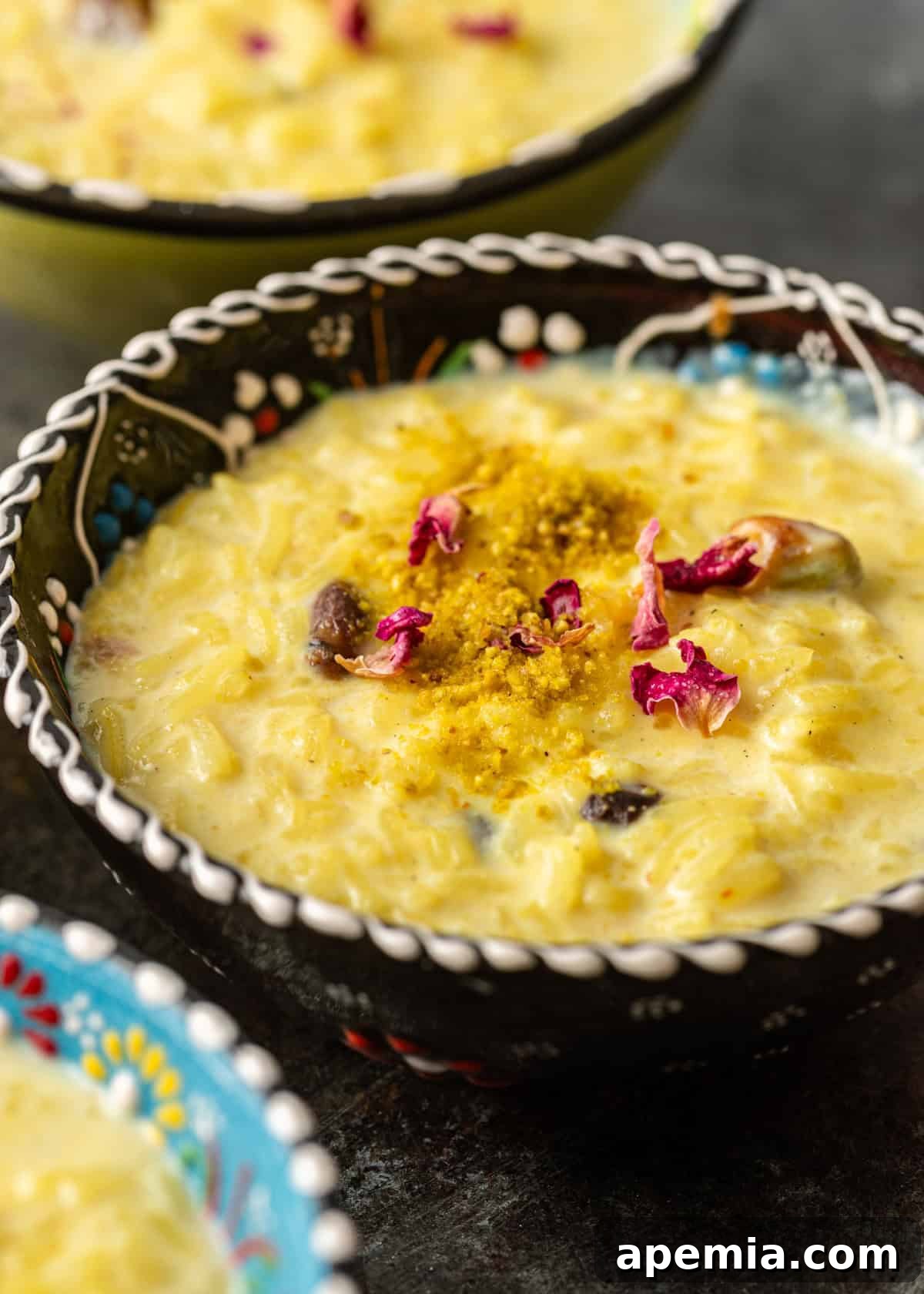 Indian Kheer Sweet Perfection 9 closeup: Indian rice pudding in a small ceramic bowl