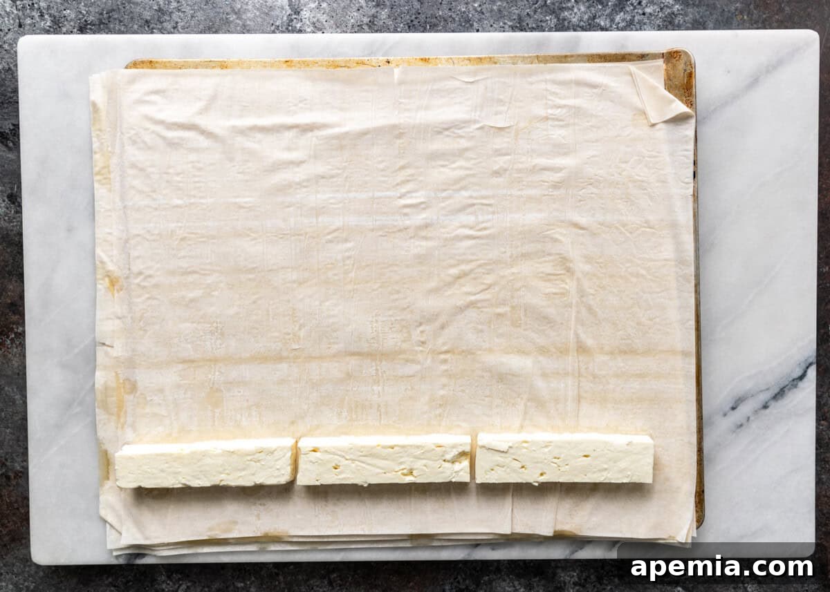 Overhead process shot: Arranging evenly sliced feta cheese onto the prepared phyllo dough.
