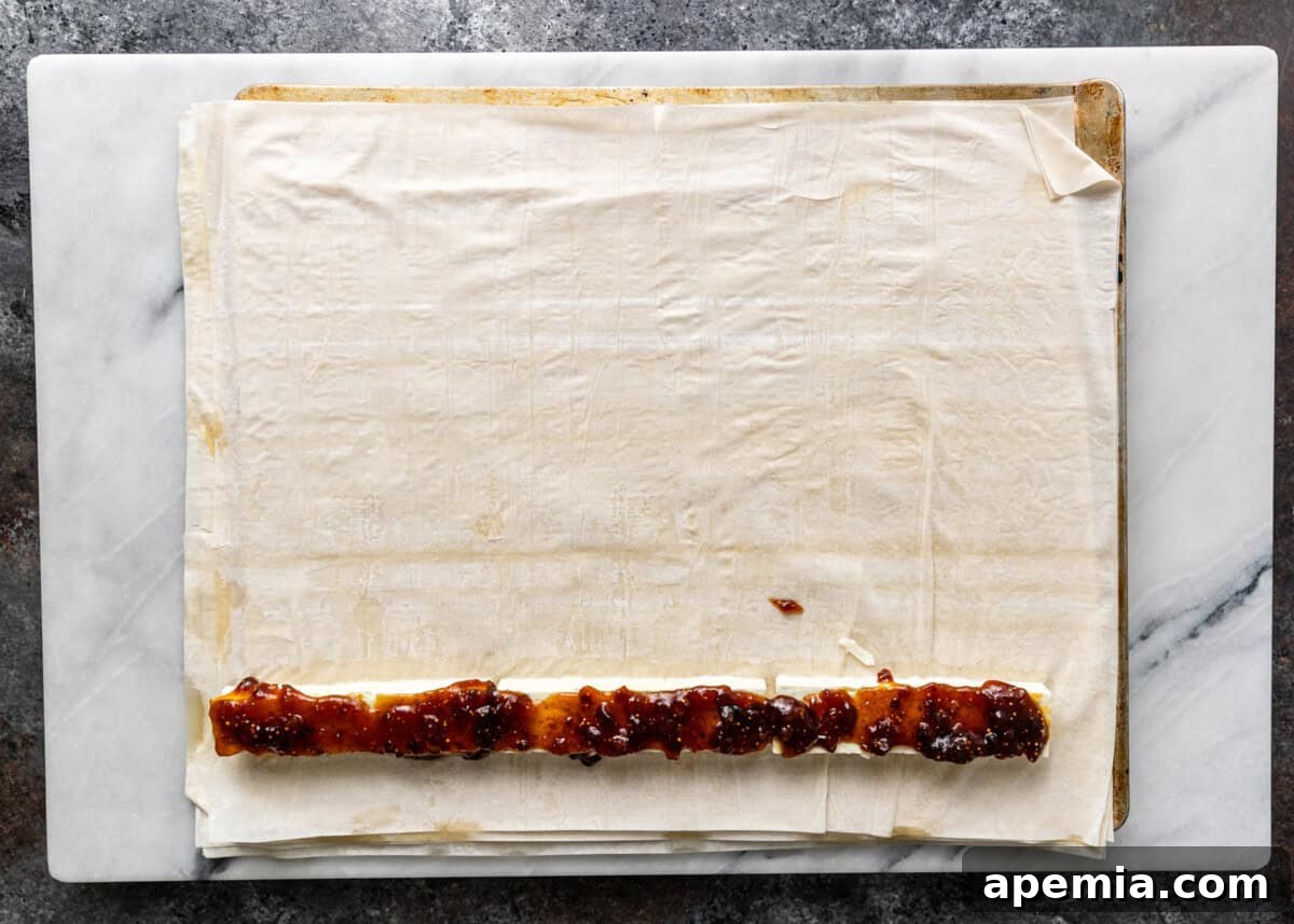 Overhead process shot: Topping the feta cheese with a spoonful of fig jam, ready for folding.