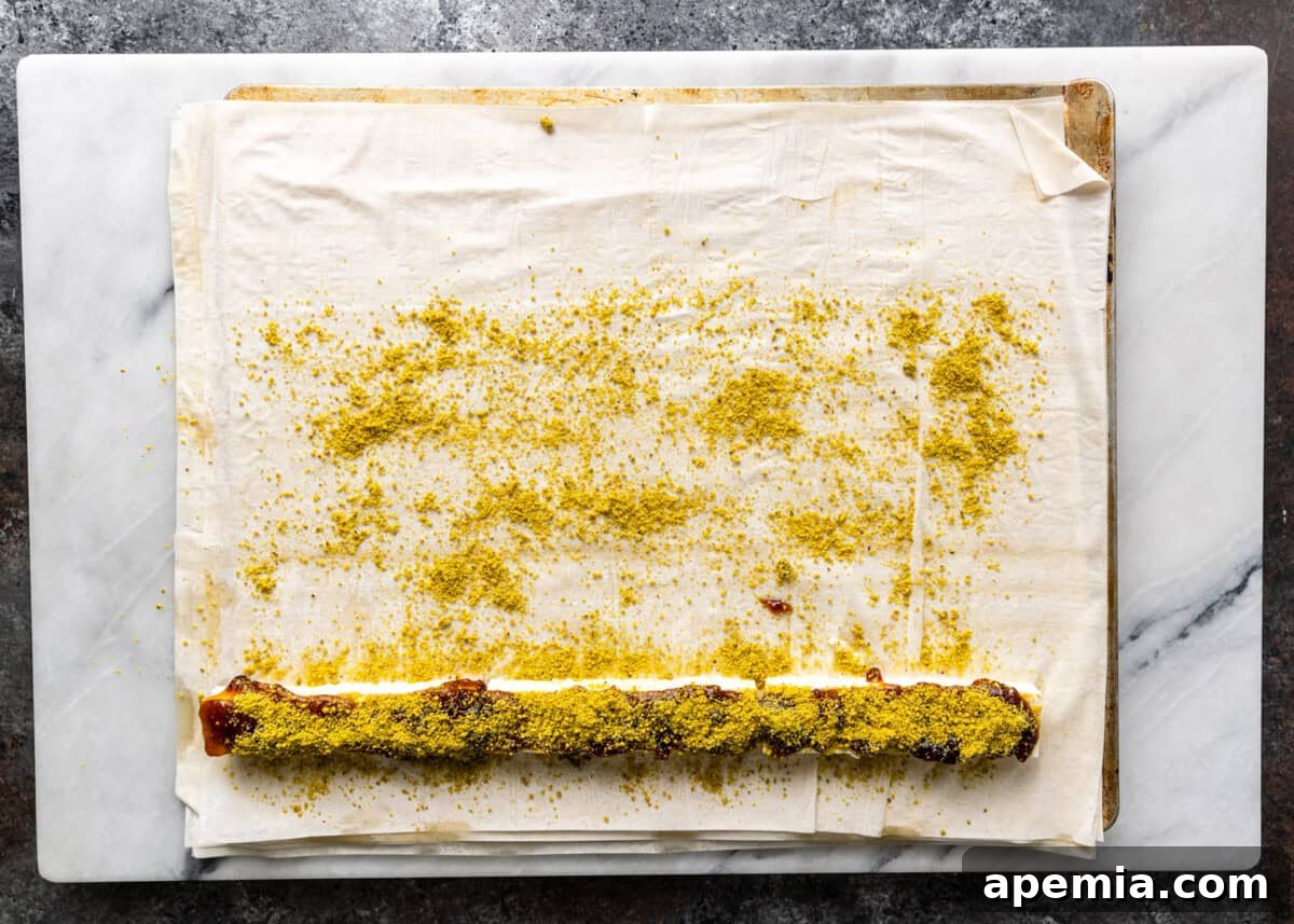 Overhead process shot: Sprinkling crushed pistachios generously over the phyllo dough, jam, and feta.
