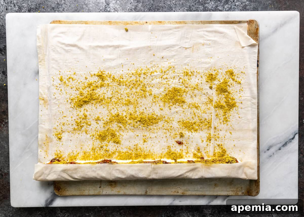 Overhead process shot: Gently folding the phyllo dough up and over the delicious filling.