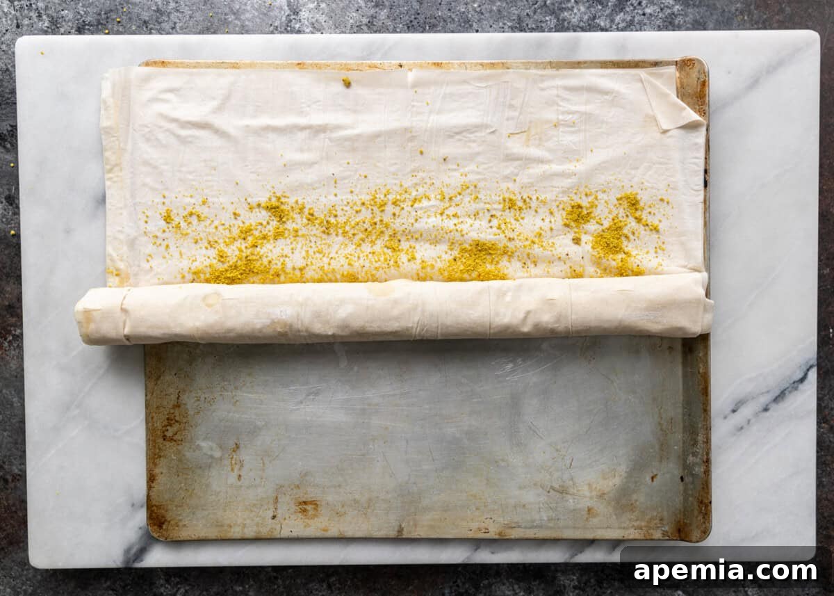 Overhead process shot: Tightly rolling the prepared phyllo sheet into a neat log.