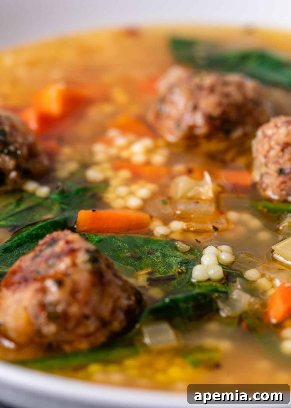 closeup: Italian wedding soup with meatballs, veggies, and acini de pepe pasta