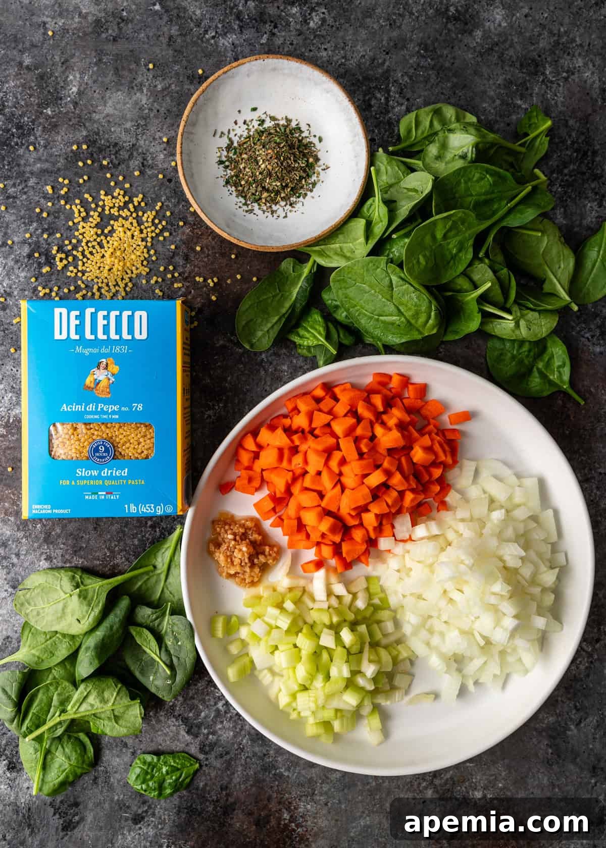 overhead: ingredients needed for my Italian wedding soup recipe ready to sauté