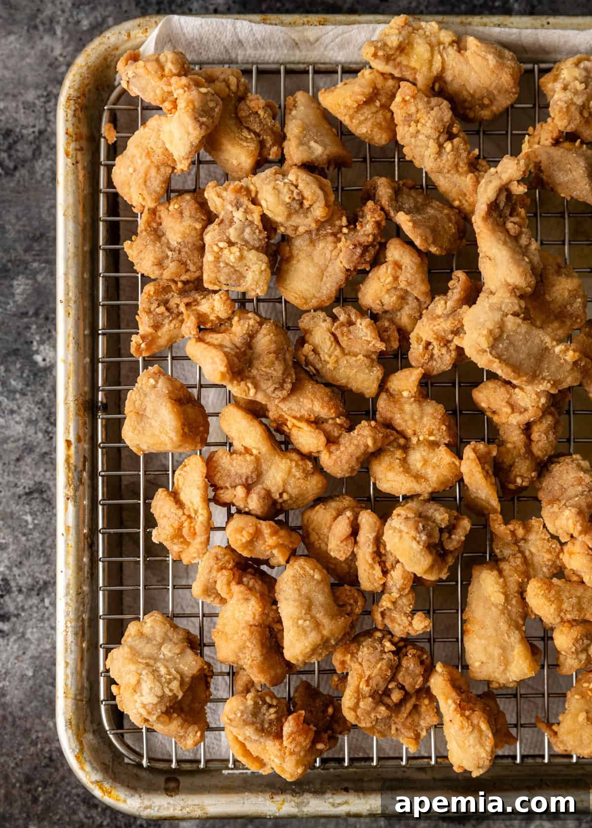 Overhead shot: golden brown fried chicken pieces cooling on a wire rack, allowing excess oil to drain for maximum crispness.