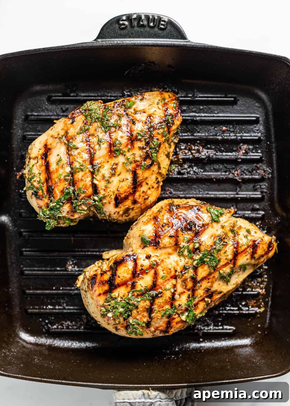 Overhead view of two marinated chicken breasts cooking on a grill pan, covered in Mediterranean marinade.